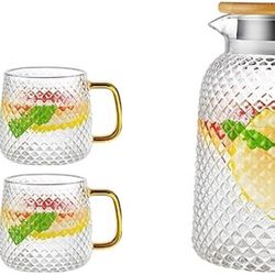 Tea Sets Glass Water Pitcher with Filter Turkish Jug Stainless Steel Cold Water Jug Crystal Cups Kettle for Home Leonodesa with Tap Teapot Set(1.8L)