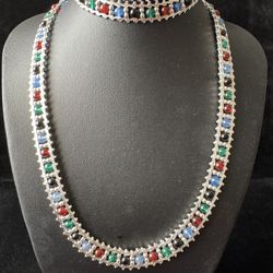 Sterling Silver Multi Color Chalcedony Bracelets & Necklace Set
