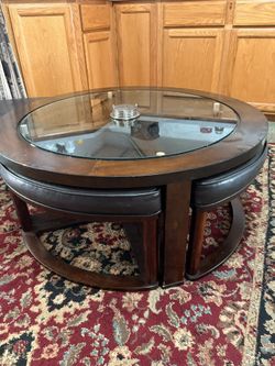 Glass Top Round Table Set Coffee Table With 4 Stools Included