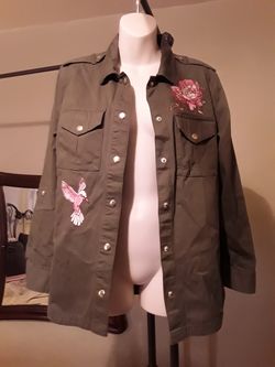 Women's army style jacket with embroidered bird and flower designs, Sz Sm.