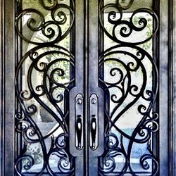 Custom Made Double swing Main Entry Iron Doors with tempered Glass And Custom Paint 