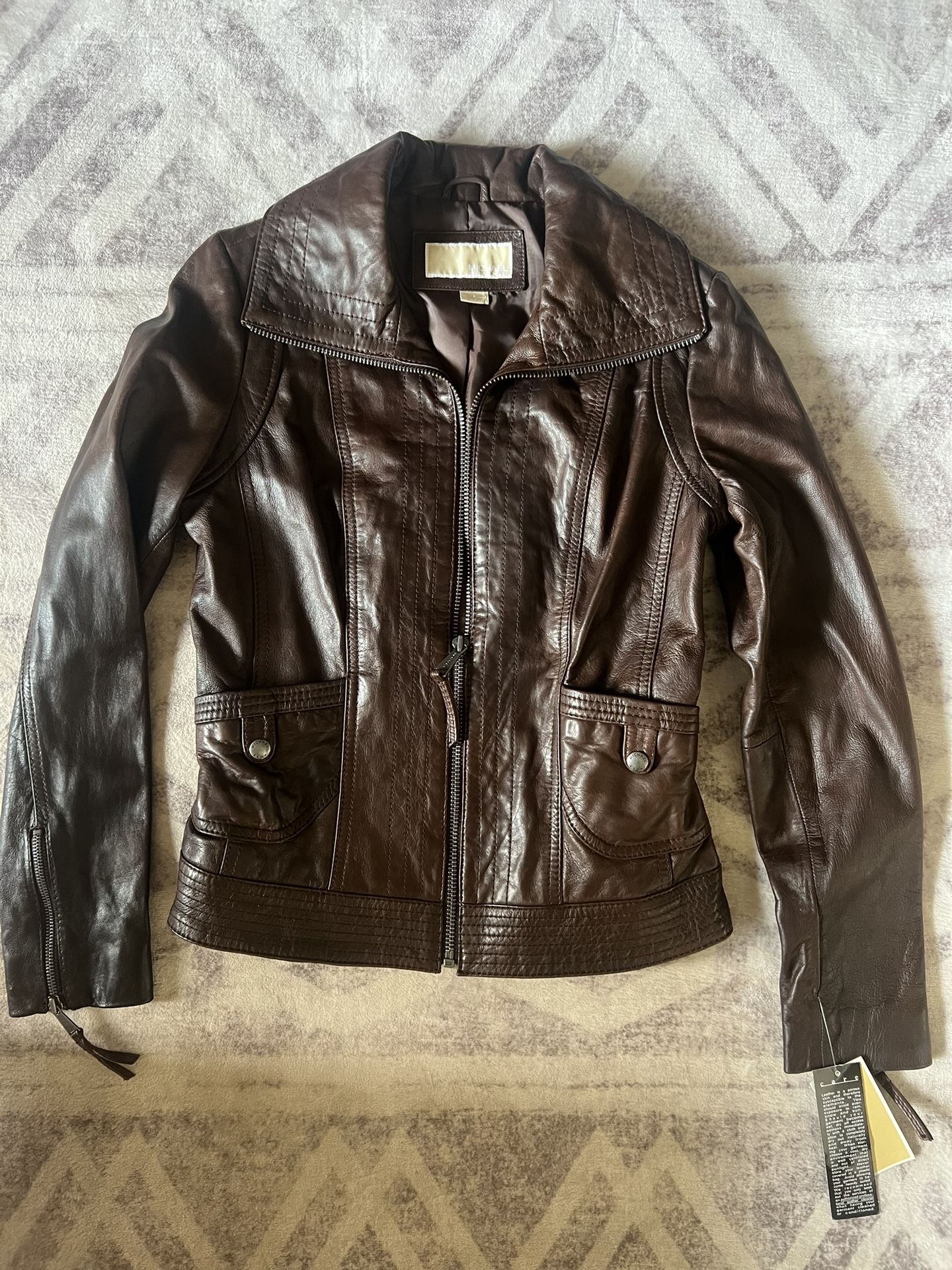 New Michael Kors Brown Leather Jacket Sz Small