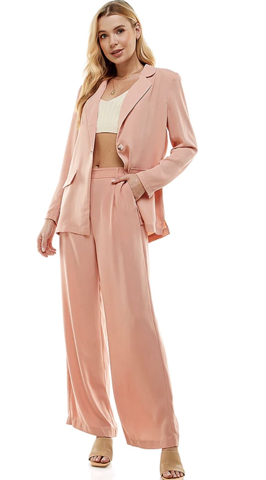 ACOA 2 Piece Suit Peach Light Pink Oversized Blazer Wide Leg Suit Pant 