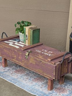 Vintage US Military Wood Crate Hand Painted Old Glory Flag Storage Trunk 