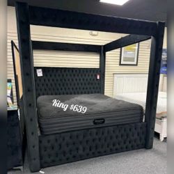 Black velvet king canopy bed frame 