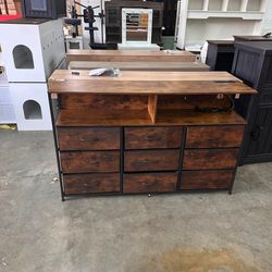 EnHomee 55” Long Dresser with Power Outlet & LED Lights TV Stand, 9 Fabric Drawers, Rustic Brown(damage)