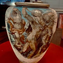 Vintage Italian ceramic vase depicting the "Triumph of Bacchus and Ariadne".