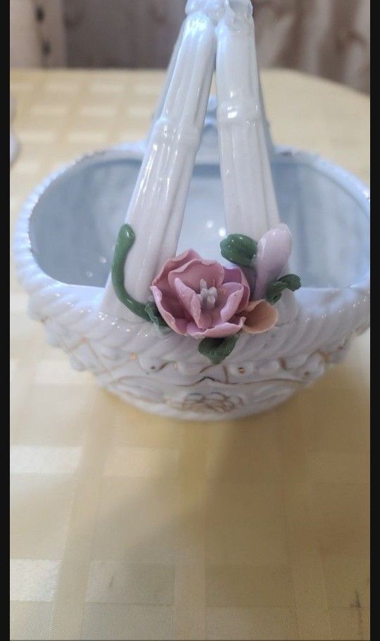 Vintage Ceramic Candy Bowl – White Floral Basket Design