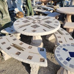Concrete Mosaic Picnic Table with 3 Benches/ Outdoor Patio Furniture