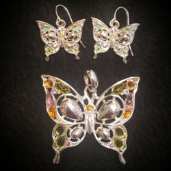 Silver Tone Base Butterfly Pendant & Earrings Set With Multi Colored Stones