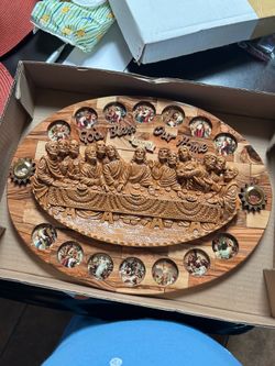 New in box Hand-Carved Olive Wood Last Supper & Stations of the Cross Wall Plaque from Jerusalem