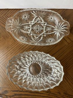 Anchor Hocking Prescut Crystal Relish Dish Clear Cut Glass Divided Serving Tray And Oval Bowl