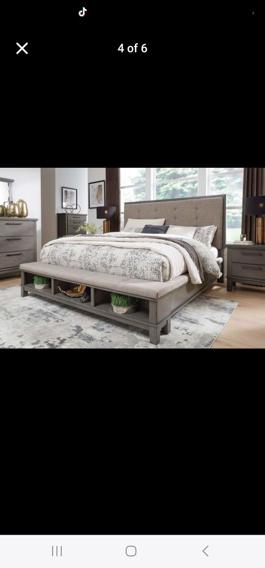 Hallanden Gray & Taupe Uph. Panel Bedroom Sets