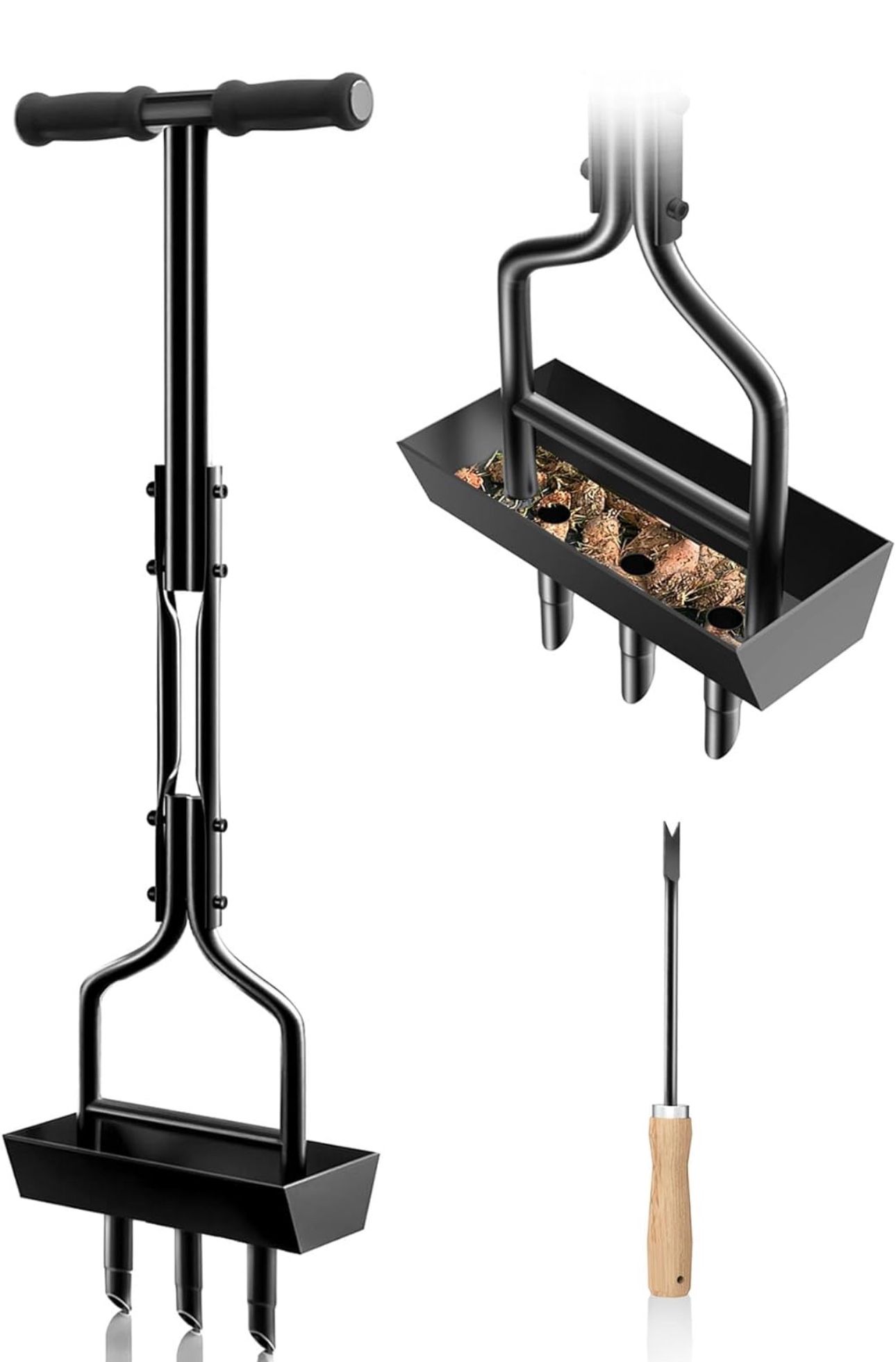 Lawn Aerator Coring Tool, Manual Aerator Lawn Tool with Soil Storage Basket, 3 Core Tines Yard Aeration Tools with Cleaning Tool