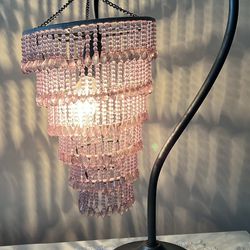 Retro Boho pink Beaded Table Accent Lamp w metal stand EUC  19.5” h x 10” w.