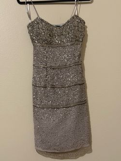 Aidan Mattox Silver Sequin Beaded Cocktail Dress Slip Midi