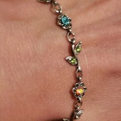 VINTAGE SILVER METAL BLUE GREEN PINK AB RHINESTONE GEMSTONE CRYSTAL FLORAL FLOWER BRACELET