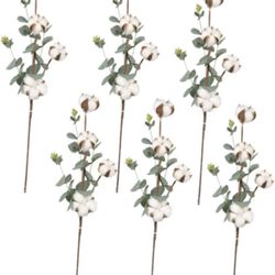 6Pcs Artificial Cotton Eucalyptus Flower Bouquet Faux Flower Decor for Home Hotel Party Wedding Rustic Centerpieces Never Wither for Floral Arrangemen