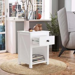 White Finish Nightstand Side End Table with Drawer and Farmhouse Style Design 24"