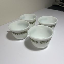 Pyrex vtg Green Crazy Daisy Spring Blossom Milk Glass Tea / Coffee Mug Set of 4