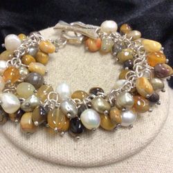 Sterling 925 Chunky Pearl Tiger Eye & Brown Stones Toggle Bracelet 7.5" LL706