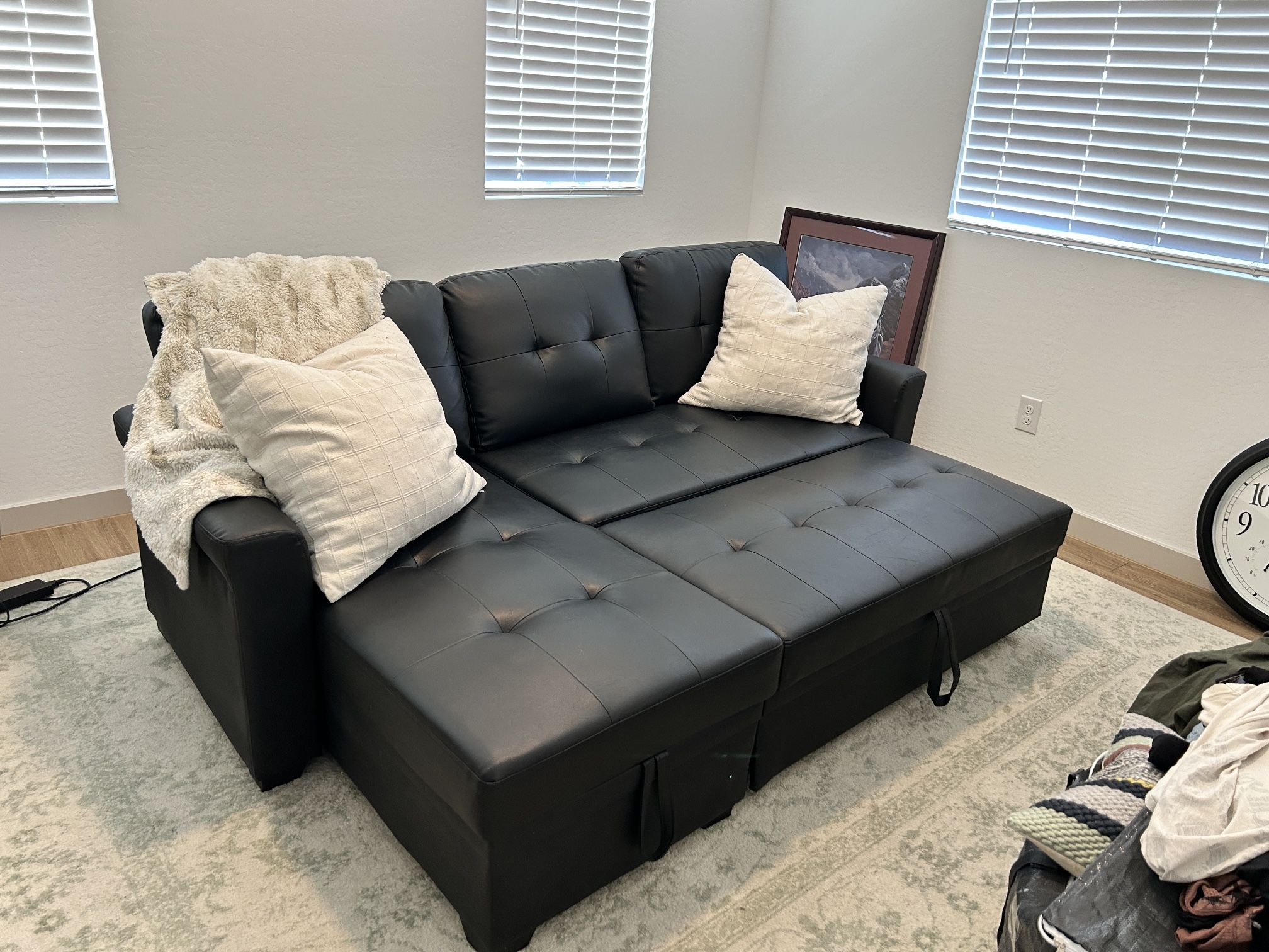 Faux Black Leather Pull Out Couch