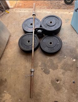 *PACKAGE DEAL* Bumper plate weights, Olympic bar (45lb), & Kettlebell (35lb)