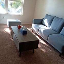 Blue Three Seater Sofa With Ottoman