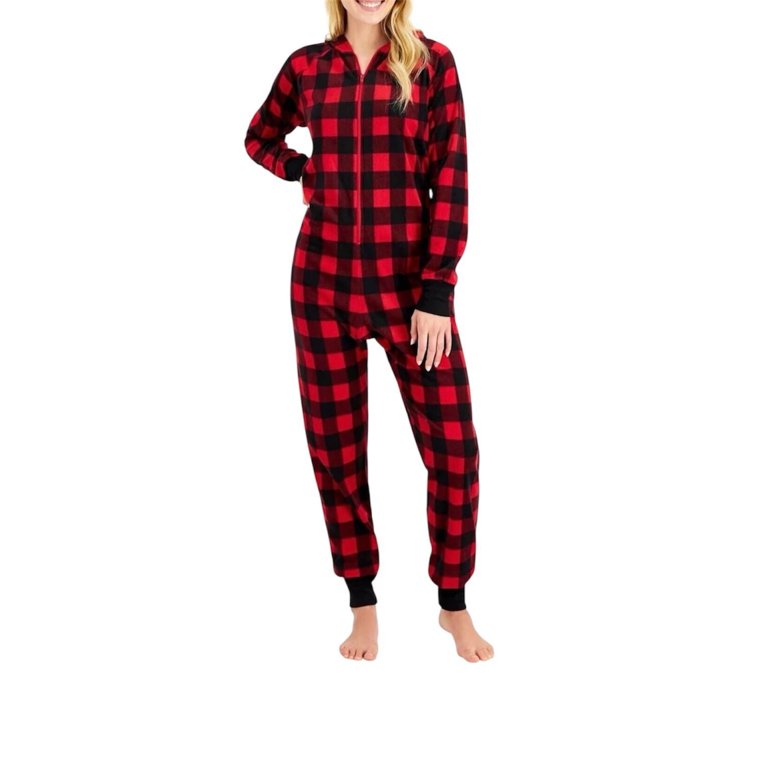 Womens One Piece Pajama Soft Stretch Fleece Red Plaid Family PJs size Large NEW