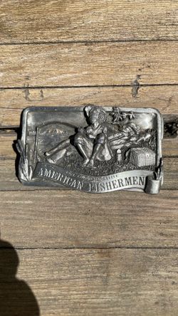 Awesome vintage pewter, American fisherman belt buckle.