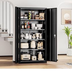 Black Metal Storage Cabinet with Lock,72" Tall Lockable Garage Storage Cabinet with Doors and Shelves, Cabinets for Home Office, Warehouse