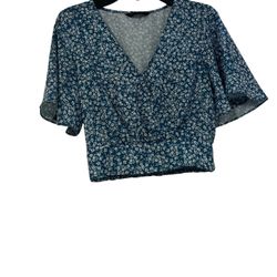 Blue White Floral Ruffle Short Sleeve V-Neck Cropped Top Women