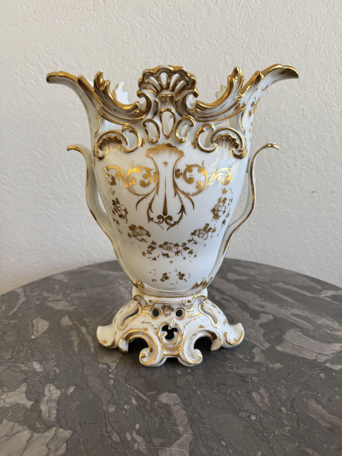 Vintage Dresden-style porcelain vase, Rococo gold gilt, unmarked