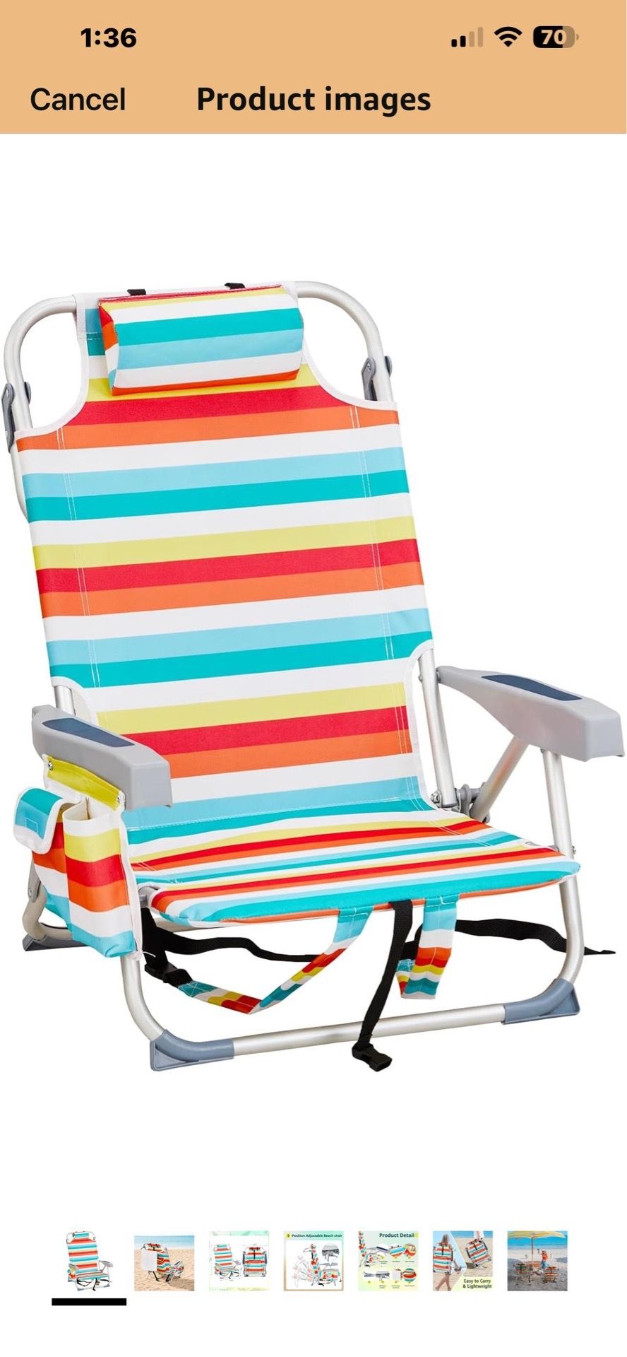 Outvita Backpack Beach Chair, 5 Level Adjustable Positions Beach Chair with Back Storage Bag, Cooler Pouch and Side Bags for Beach Poolside Lawn 48 $