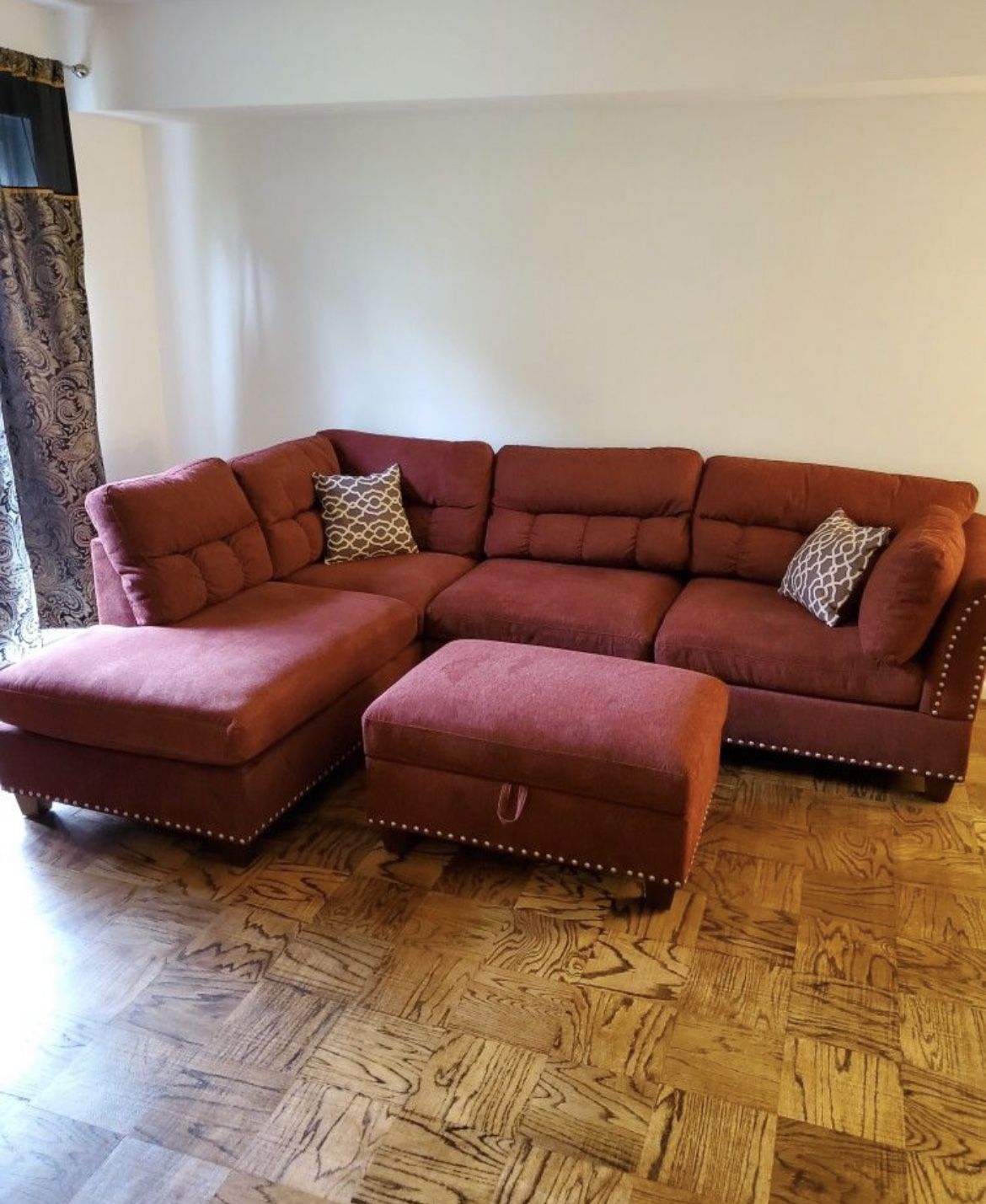 Brand New Red Velvet Sectional Sofa Couch With Storage Ottoman