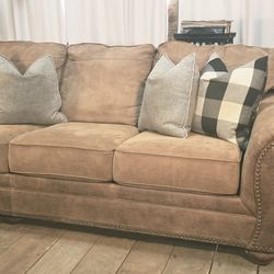 Tan Microfiber Nailhead Rolled-Arm Sofa – Clean, Comfy 3-Seater