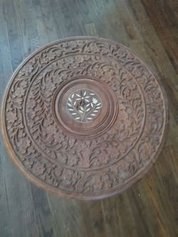 Hand-Carved Wooden Round Side Table