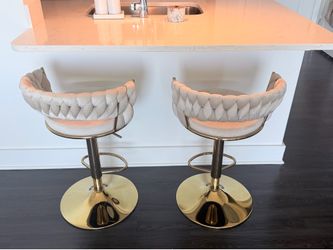 Set of 2 Velvet Gold Swivel Bar Stools – Excellent Condition