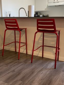 Set of 2 Red Metal Bar Stools | Distressed | Industrial Style