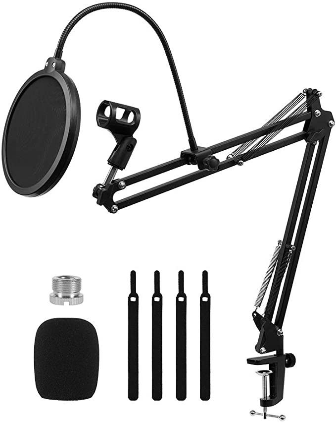 Desk Mic Stand for Blue Yeti Suspension Adjustable Mic Boom Arm Stands with Microphone Filter,Mic Clip,Radio Broadcasting and Recording