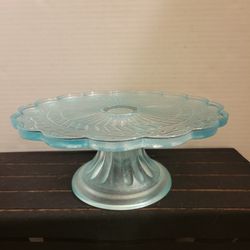 Vintage Pedestal Cake Stand Flashed Aqua Blue Glass Scalloped Edges 8" Diam