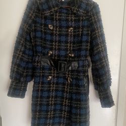 Steve Madden Plaid Tweed Belted Trench Coat 