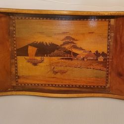 Antique Solid Wooden Serving tray w/ Marquetry VTG french Carved Art Deco Lake 16"
