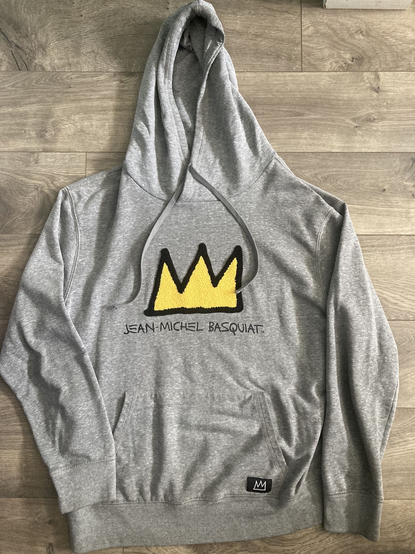 Jean Michel Basquiat GRAY HOODIE Mens Large Yellow Crown Art SWEATSHIRT Pullover