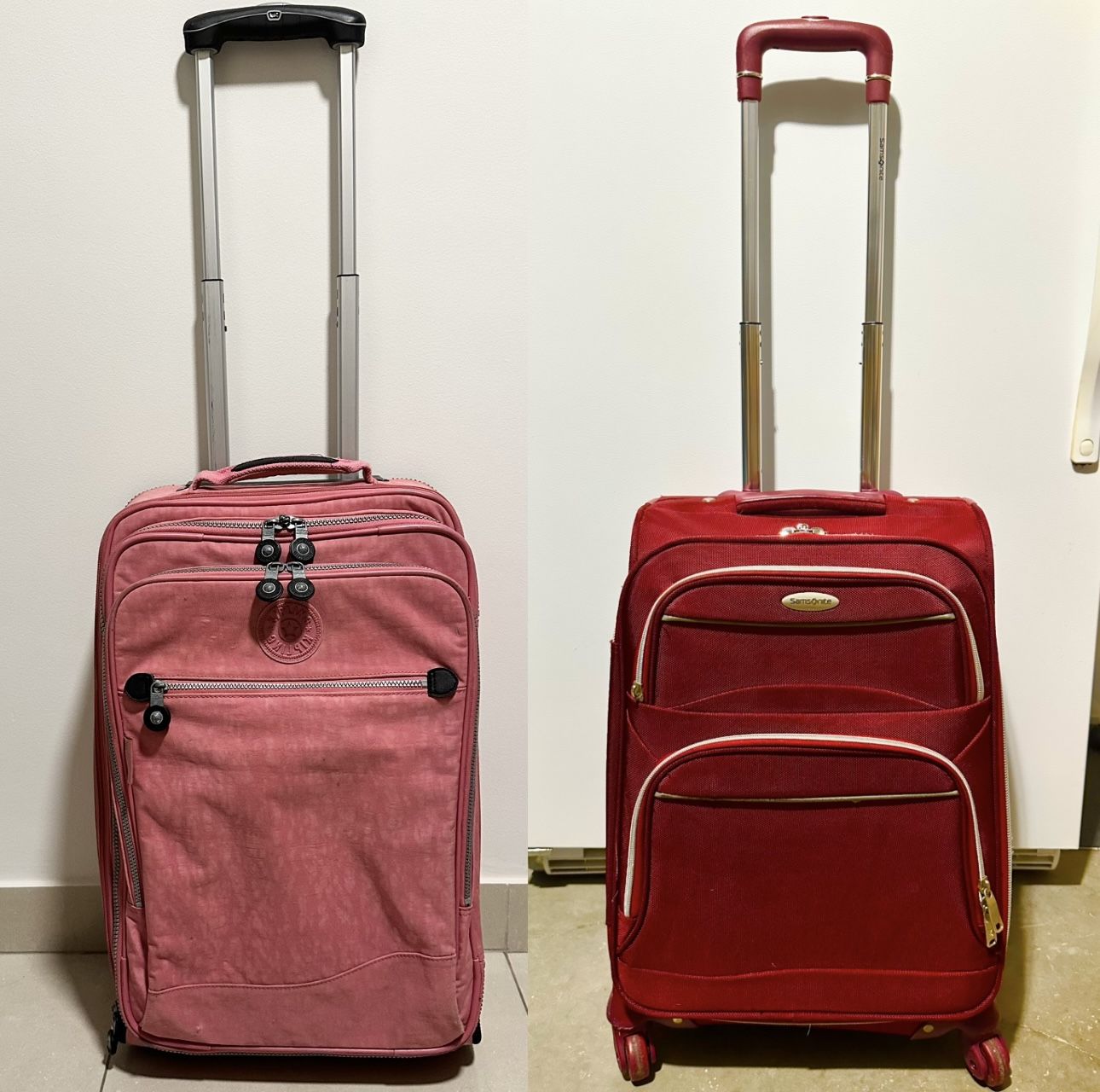 Selling TWO carry-on suitcases – Kipling (pink) and Samsonite (red) $68.00 for both or $38.00 each
