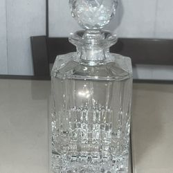 Heavy 5lb Lead Crystal Whiskey Decanter – 10” Tall Square Block Cut With Stopper. Used in good condition with some cosmetic blemishes. These blemishes