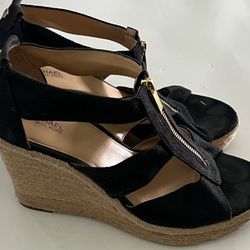Michael Kors Espadrille Wedge Front Zipper Damita Black Sandals Size 10