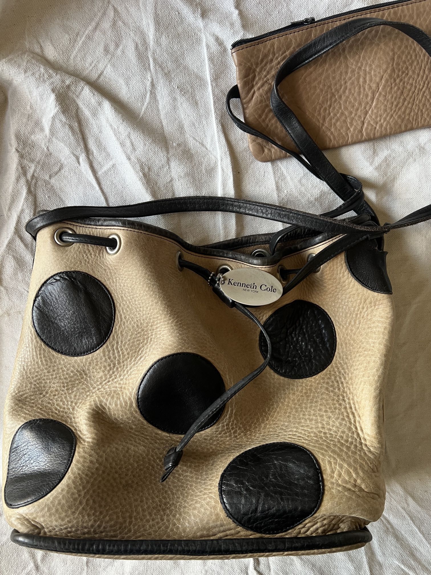 Price Drop - Vintage Kenneth Cole Genuine Leather Tan/Black Dot Bucket Bag