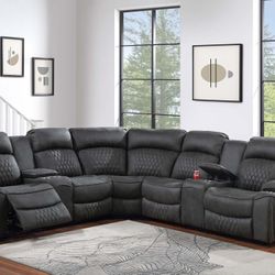 Brand New Grey Leather Power Reclining Sectional Sofa 