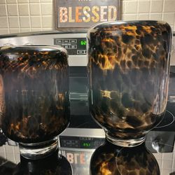 2 Leopard Glass Candle Holders